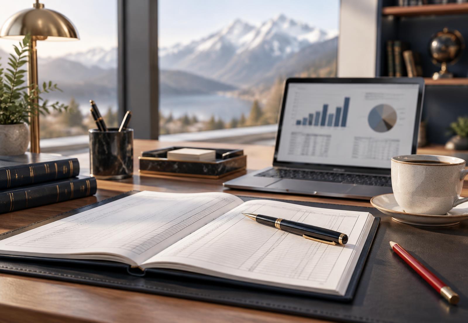 An organized accounting desk with a ledger, laptop reports, and a mountain view